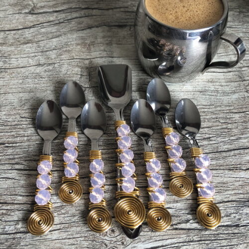 Colher Café Inox Bordada Cristais Rosa - 6 Pçs