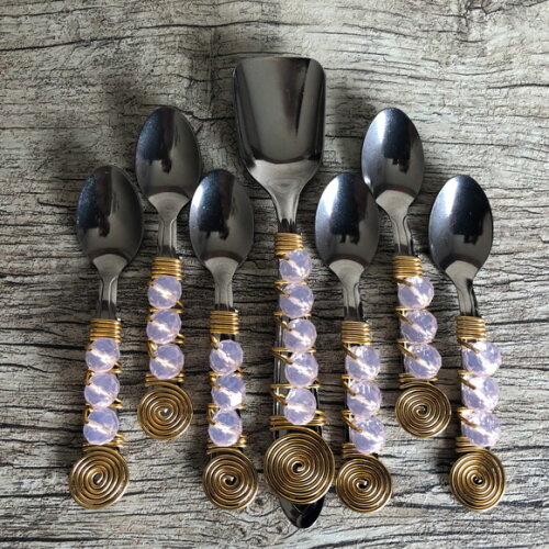 Colher Café Inox Bordada Cristais Rosa - 6 Pçs