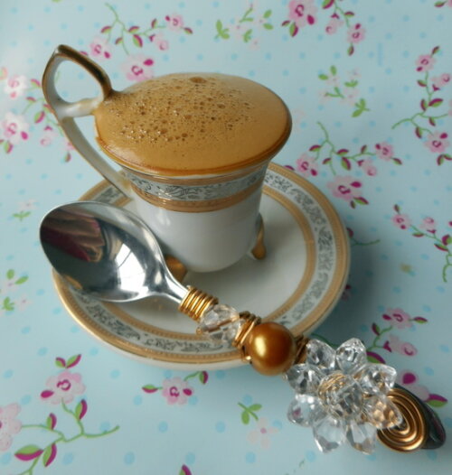 Colher Café Inox Bordada Pedraria Pérolas - 6 Pçs
