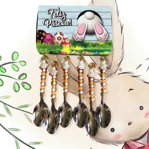 Colher Chá Bordada Coelho Páscoa - Talheres Bordados - 6 Pçs