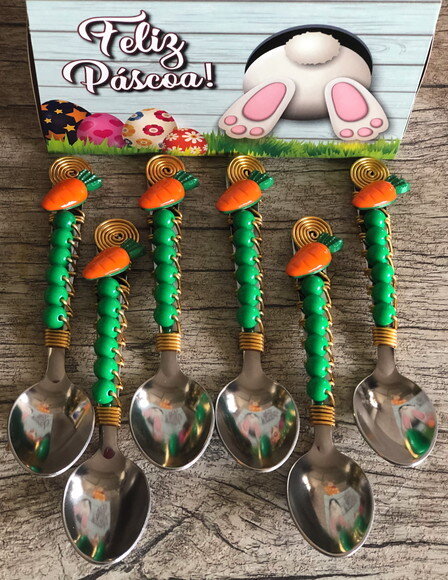 Colher Chá Bordada Cenoura Páscoa - Talheres Bordados - 6 Pç