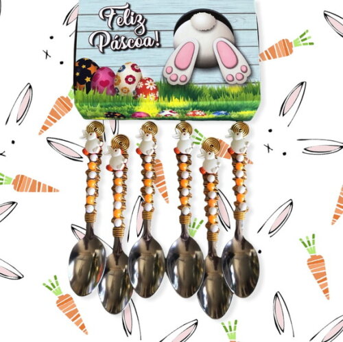 Colher Chá Bordada Coelho Páscoa - Talheres Bordados - 6 Pçs
