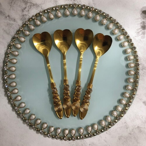 Colher Chá Coração Dourado Bordado Cristal - 4 Pçs