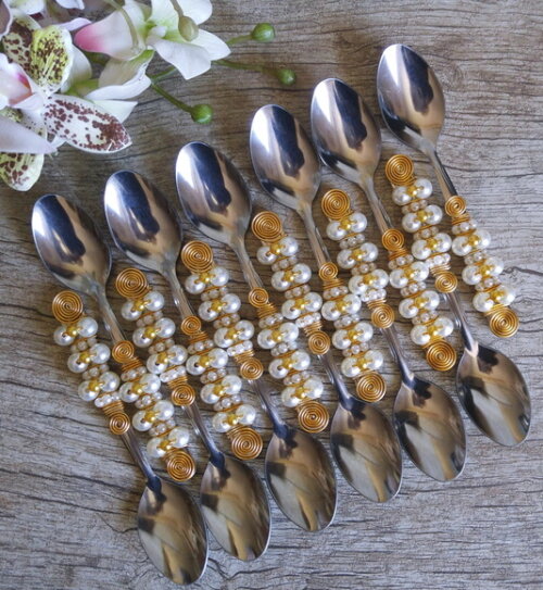 Colher Sobremesa Bordada Pérolas - Talheres Bordados - 6 Pçs