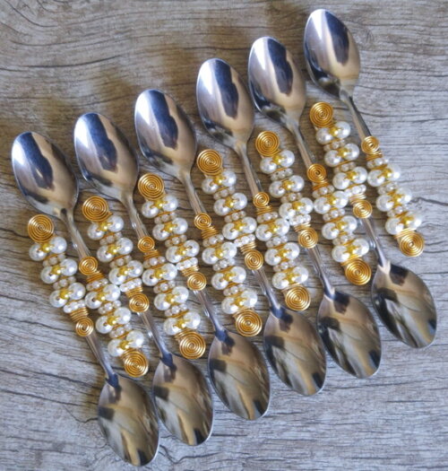 Colher Sobremesa Bordada Pérolas - Talheres Bordados - 6 Pçs