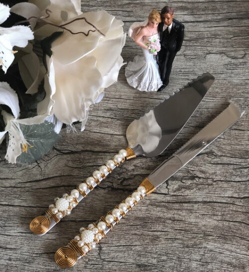 Espátula Bordada com Pérolas - Pá de Bolo da Noiva