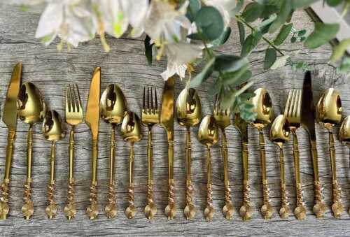 Faqueiro Dourado Luxor Talheres Mesa Bordados - 24 Peças