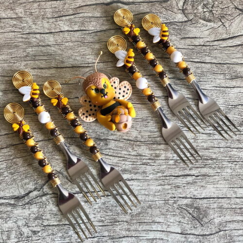 Garfinhos Bordados Abelha - Talheres Bordados - 6 Pçs
