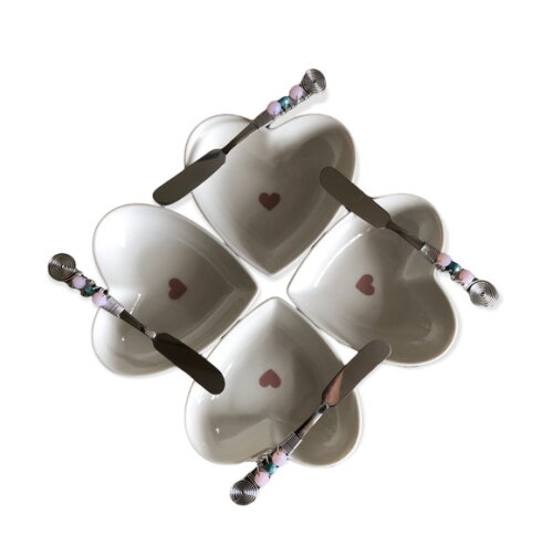 Petisqueira Coração Porcelana com Espátula Bordada