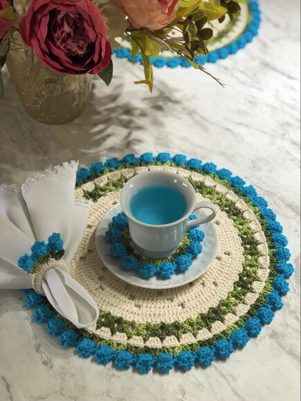 Sousplat Americano Croche Boho Barroco Tulipa Turquesa *par*