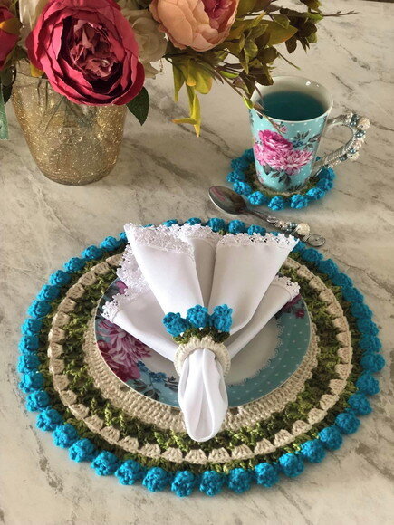 Sousplat Americano Croche Boho Barroco Tulipa Turquesa *par*