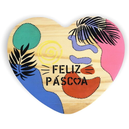 Tábua Coração Feliz Páscoa Madeira Pinus - Pintura Orgânica