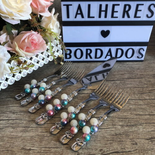 Talheres Bordado Garfinho & Espátula Torta - Bolo - 7 Peças