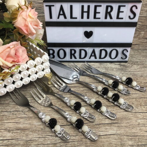 Talheres Bordado Garfinho & Espátula Torta - Bolo - 7 Peças