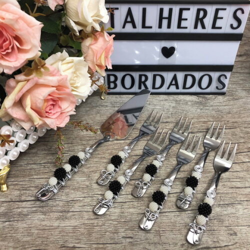 Talheres Bordado Garfinho & Espátula Torta - Bolo - 7 Peças
