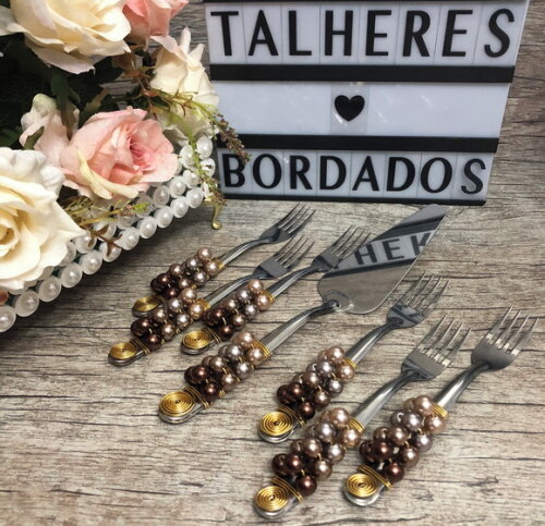 Talheres Bordado Garfinho & Espátula Torta - Bolo - 7 Peças