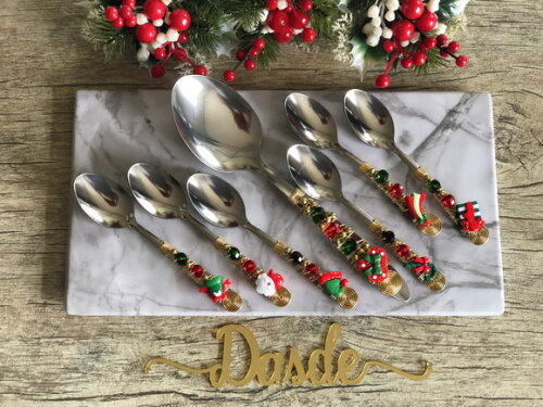 Talheres Bordado Natal Sobremesa Cremosa - 7 Pçs