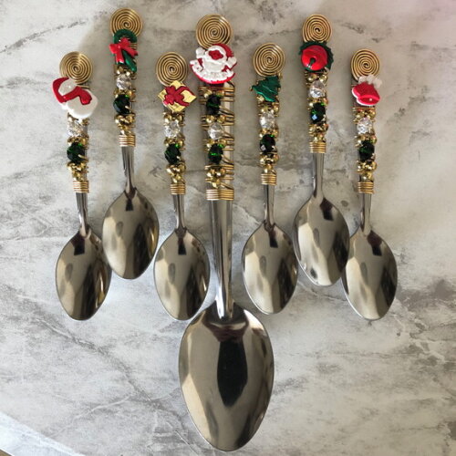 Talheres Bordado Natal Sobremesa Cremosa - 7 Pçs