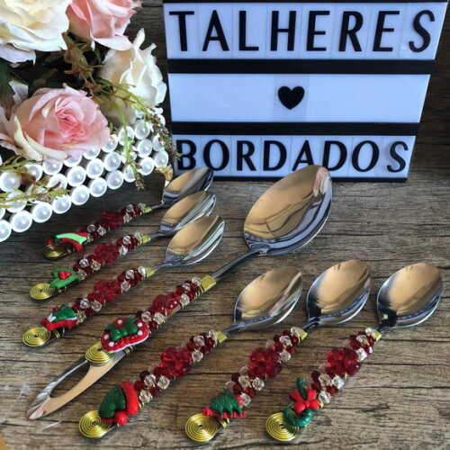 Talheres Bordado Natal Sobremesa Cremosa - 7 peças