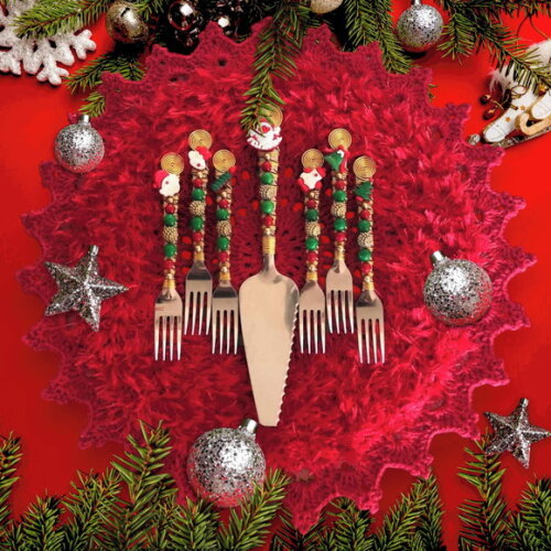 Talheres Bordado Torta Tema Natal - Mod.02 - 7 Pcs