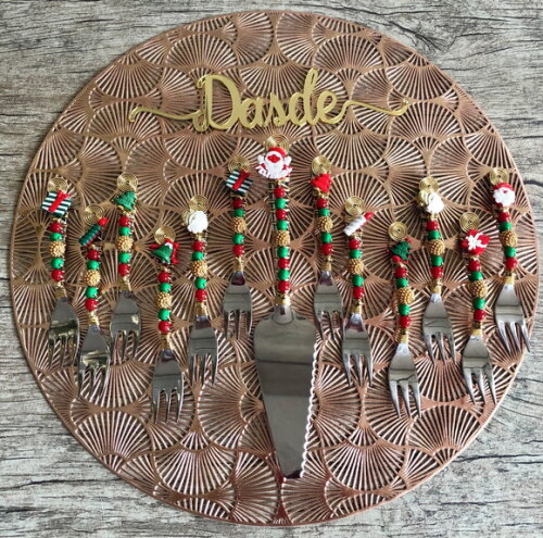 Talheres Bordado Torta Tema Natal - Mod.02 - 7 Pcs
