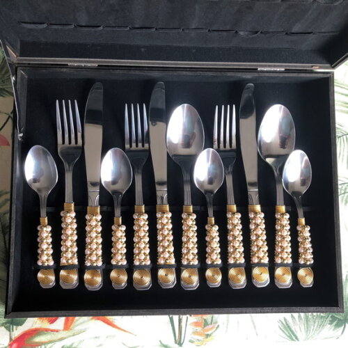 Talheres Bordados Pérolas Rose Gold - Faqueiro 24 Pçs
