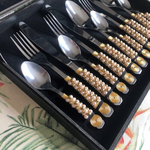 Talheres Bordados Pérolas Rose Gold - Faqueiro 24 Pçs
