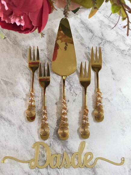 Talheres Dourado Ambar Bordado Garfo & Espátula Torta 5 Pçs