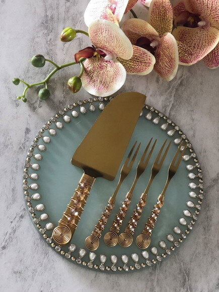 Talheres Dourado Bordado Garfo & Espátula Torta - 5 Pçs