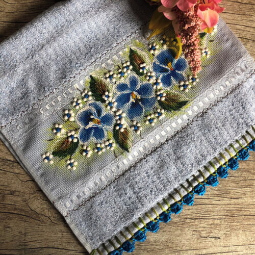 Toalha Lavabo Pintura a Mão com Crochê - Azul