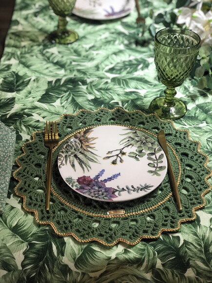 Trilho / Caminho Mesa Jacquard Folhas Verdes *valor do Par*