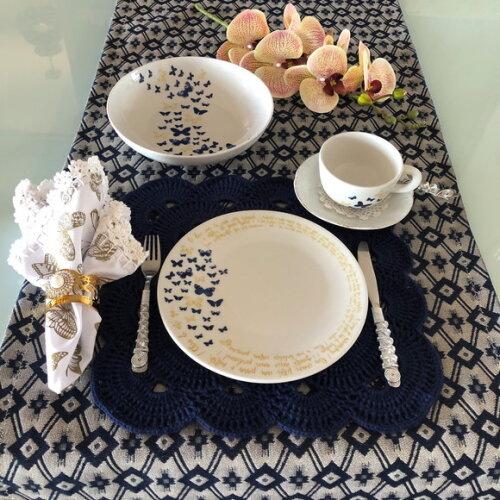 Trilho Mesa Estofaria Creme e Azul - Caminho Mesa