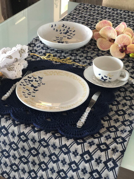 Trilho Mesa Estofaria Creme e Azul - Caminho Mesa