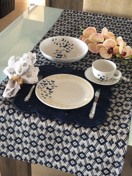 Trilho Mesa Estofaria Creme e Azul - Caminho Mesa