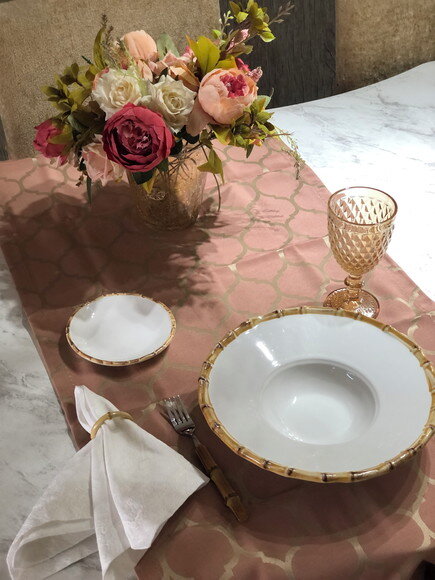 Trilho Mesa Jacquard Rose Gold Arabescos - Caminho Mesa
