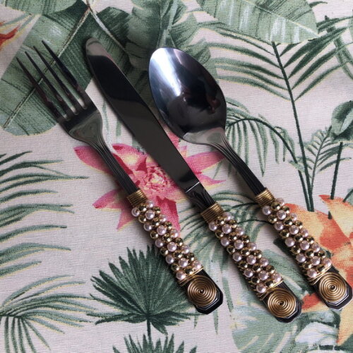 Trio Talheres Mesa Bordados Pérolas Rose Gold - Par