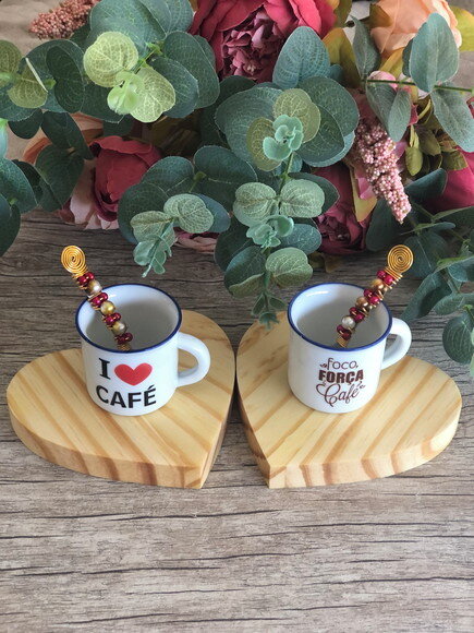 Xícara Café Espresso & Colheres Bordada - Par (6 Peças)