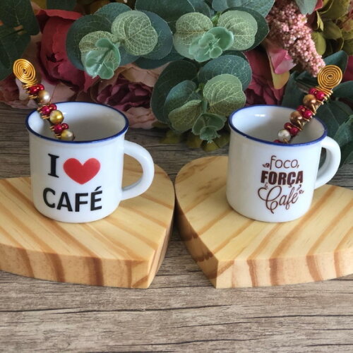 Xícara Café Espresso & Colheres Bordada - Par (6 Peças)