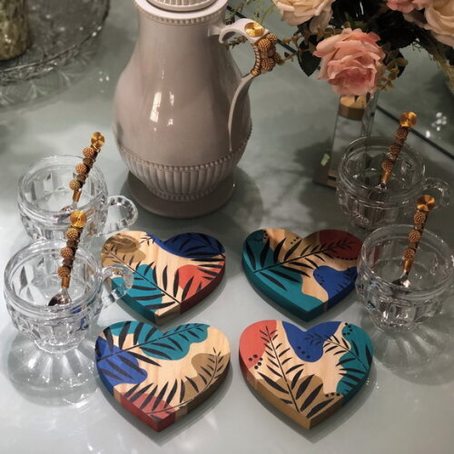 Xícara Vidro & Coaster Coração Pintura Orgânica - Par