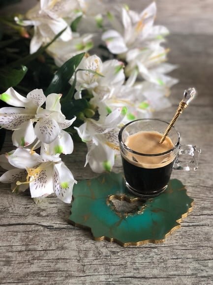 Coaster Geodo Resina Epóxi Verde - Porta Copo - Xícara Café