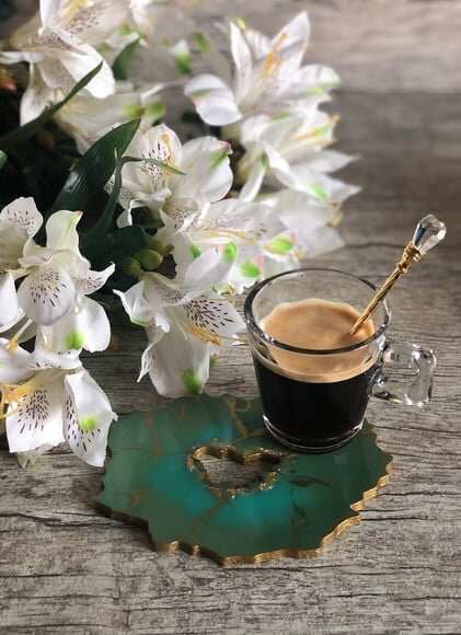 Coaster Geodo Resina Epóxi Verde - Porta Copo - Xícara Café