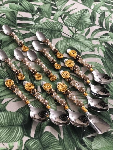 Colher Café Bordada com Pérolas Degradê - 6 Pçs