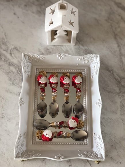 Colher Café Bordada Papai Noel - Talheres Bordados - 6 Pçs