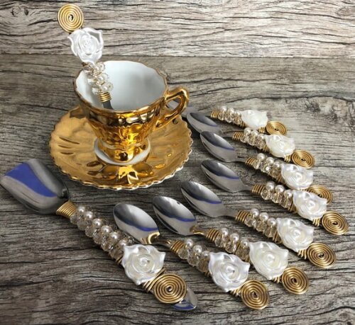 Colher Café Bordada Pérolas - 6 Pçs