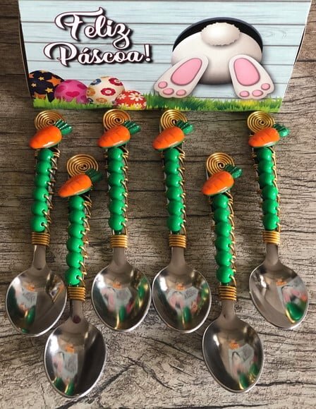 Colher Chá Bordada Cenoura Páscoa - Talheres Bordados - 6 Pç