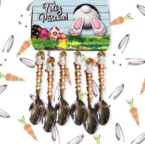 Colher Chá Bordada Coelho Páscoa - Talheres Bordados - 6 Pçs