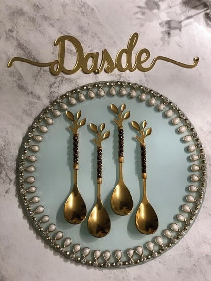 Colher Chá Folhas Dourado Bordado Cristal - 4 Pçs