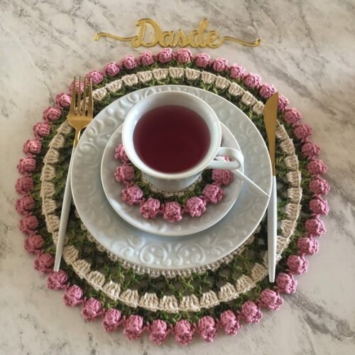 Descanso Xícara Porta Copos Croche Tulipa Rosa Antigo - Par
