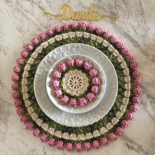 Descanso Xícara Porta Copos Croche Tulipa Rosa Antigo - Par