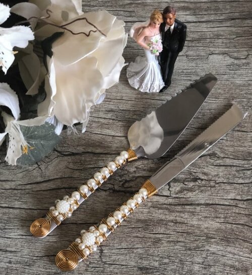 Espátula Bordada com Pérolas - Pá de Bolo da Noiva